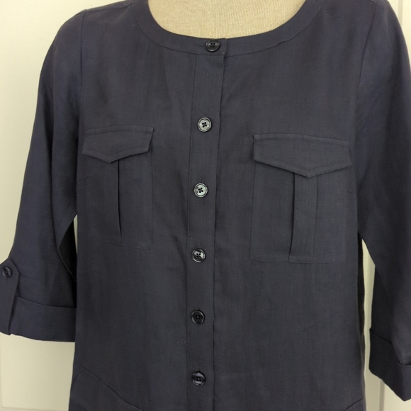 Go Silk Navy Blue Shirt Dress 100% Linen Button Down Pockets Minimalist-51 - Picture 3 of 12